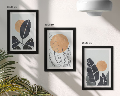 Triptych v ráme Rastlinné vzory s veľkými slnkami, minimalistický štýl