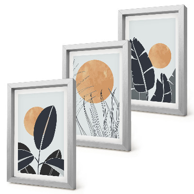 Triptych v ráme Rastlinné vzory s veľkými slnkami, minimalistický štýl