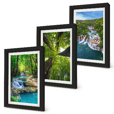 Triptych v ráme Vodopády v zelenom lese s krištáľovo čistou vodou