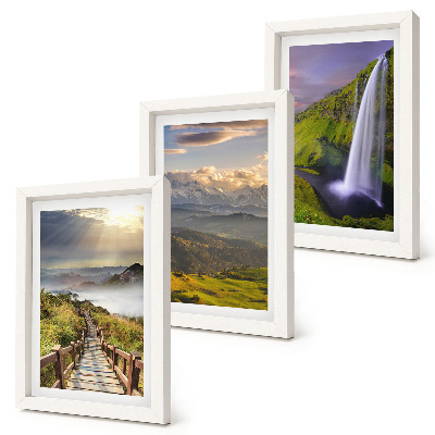 Triptych v ráme Malebná horská krajina s vodopádom a chodníkom