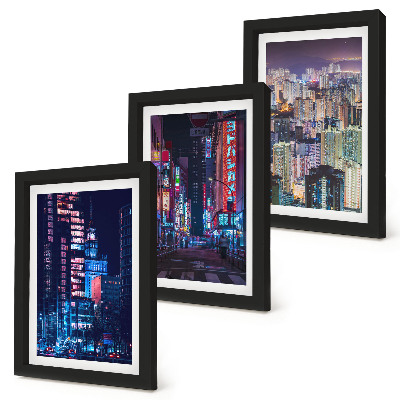 Triptych v ráme Nočné pohľady na mestá s neónovými svetlami