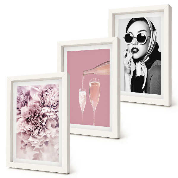 Triptych v ráme Kvety v odtieňoch ružovej a elegantná žena