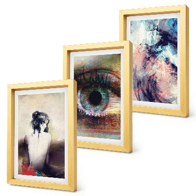 Triptych v ráme Portrét ženy, očí, abstraktné farby, emócie