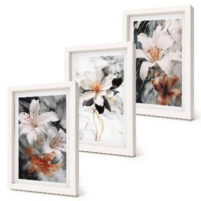 Triptych v ráme Kvety na mramorovom pozadí v odtieňoch bielej a čiernej