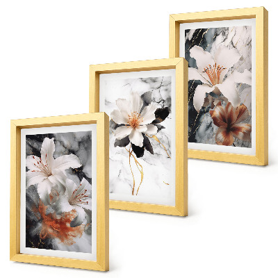 Triptych v ráme Kvety na mramorovom pozadí v odtieňoch bielej a čiernej