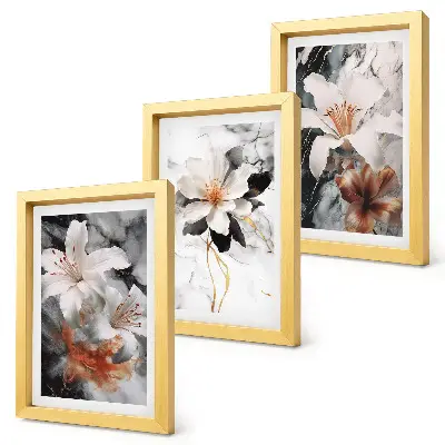 Kvety na mramorovom pozadí v odtieňoch bielej a čiernej triptych v ráme