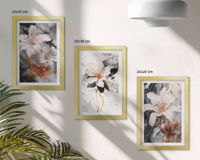Triptych v ráme Kvety na mramorovom pozadí v odtieňoch bielej a čiernej