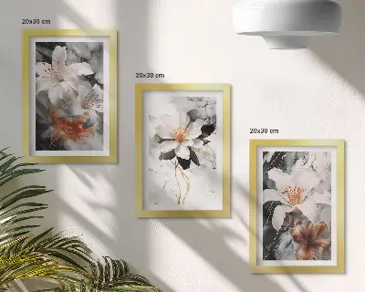 Kvety na mramorovom pozadí v odtieňoch bielej a čiernej triptych v ráme