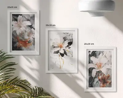 Kvety na mramorovom pozadí v odtieňoch bielej a čiernej triptych v ráme