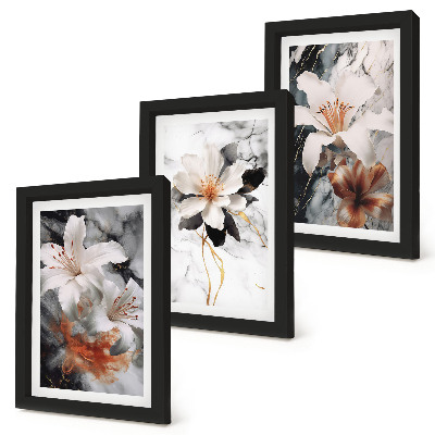 Triptych v ráme Kvety na mramorovom pozadí v odtieňoch bielej a čiernej