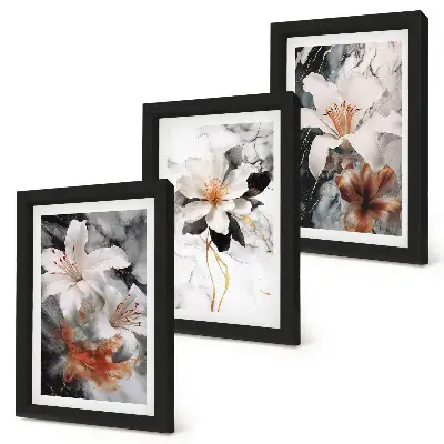 Kvety na mramorovom pozadí v odtieňoch bielej a čiernej triptych v ráme