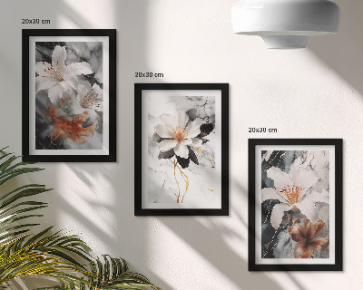 Triptych v ráme Kvety na mramorovom pozadí v odtieňoch bielej a čiernej