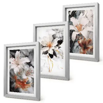 Kvety na mramorovom pozadí v odtieňoch bielej a čiernej triptych v ráme