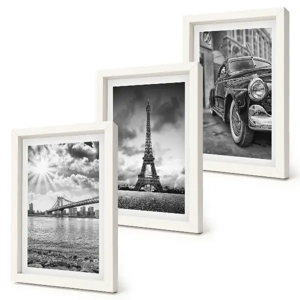 Triptych v ráme výhľady na mesto s mostami, Eiffelovou vežou a klasickým autom