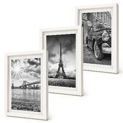 Triptych v ráme výhľady na mesto s mostami, Eiffelovou vežou a klasickým autom