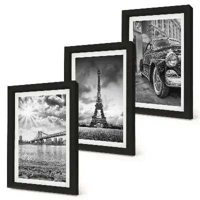 Triptych v ráme výhľady na mesto s mostami, Eiffelovou vežou a klasickým autom