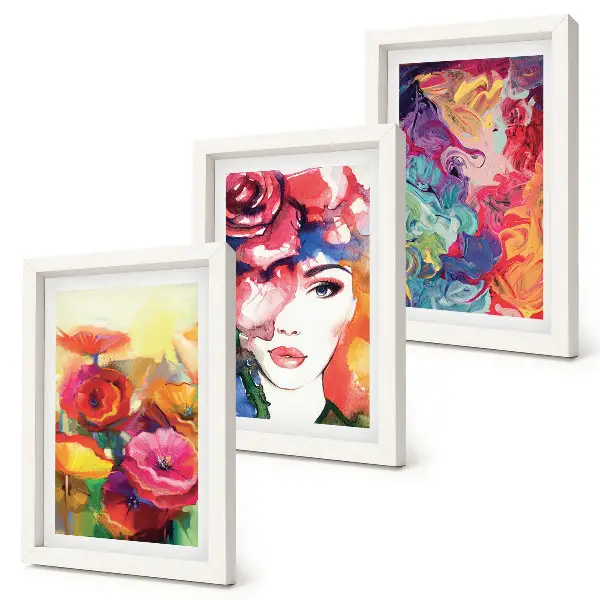 Kvety v intenzívnych farbách, portrét ženy, abstraktné triptych v ráme