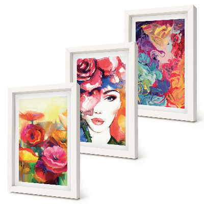 Triptych v ráme Kvety v intenzívnych farbách, portrét ženy, abstraktné
