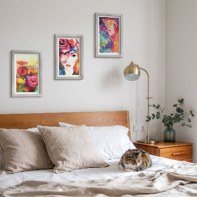Triptych v ráme Kvety v intenzívnych farbách, portrét ženy, abstraktné