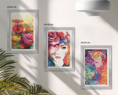 Triptych v ráme Kvety v intenzívnych farbách, portrét ženy, abstraktné