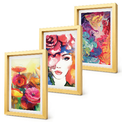 Triptych v ráme Kvety v intenzívnych farbách, portrét ženy, abstraktné