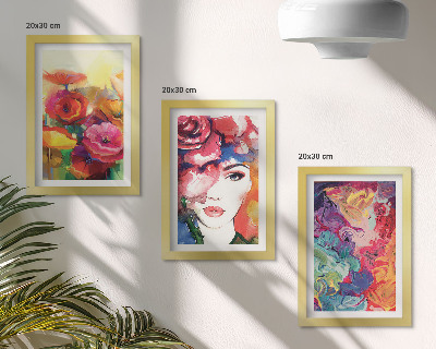 Triptych v ráme Kvety v intenzívnych farbách, portrét ženy, abstraktné
