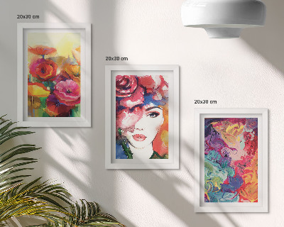 Triptych v ráme Kvety v intenzívnych farbách, portrét ženy, abstraktné