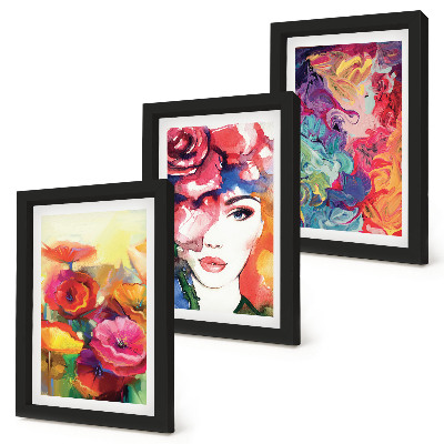 Triptych v ráme Kvety v intenzívnych farbách, portrét ženy, abstraktné