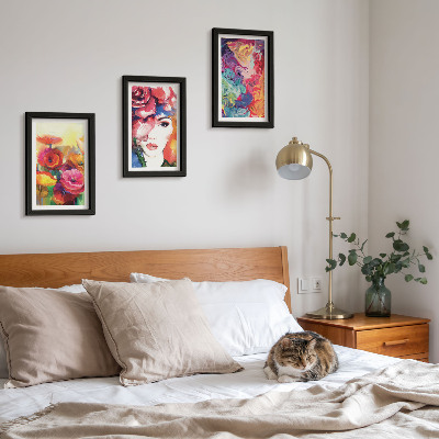 Triptych v ráme Kvety v intenzívnych farbách, portrét ženy, abstraktné