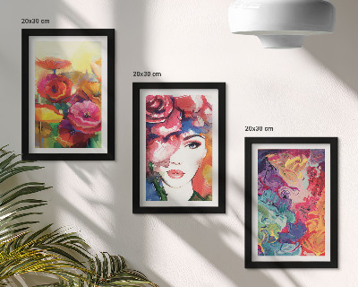 Triptych v ráme Kvety v intenzívnych farbách, portrét ženy, abstraktné