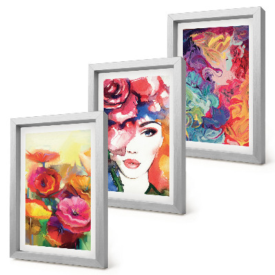 Triptych v ráme Kvety v intenzívnych farbách, portrét ženy, abstraktné
