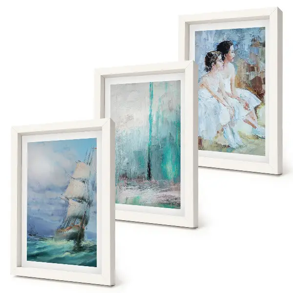 Loď na mori a abstraktný portrét tanečníkov triptych v ráme