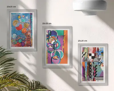 Farebné abstrakcie s kruhmi a geometrickými vzormi triptych v ráme