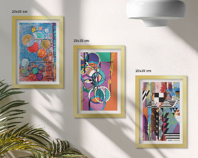 Triptych v ráme Farebné abstrakcie s kruhmi a geometrickými vzormi