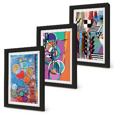 Triptych v ráme Farebné abstrakcie s kruhmi a geometrickými vzormi