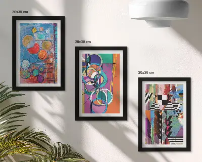 Farebné abstrakcie s kruhmi a geometrickými vzormi triptych v ráme