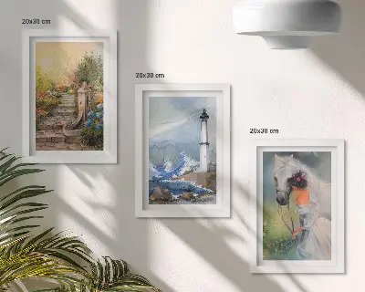 Triptych v ráme prírodné scenérie s majákom a dievčaťom s koňom