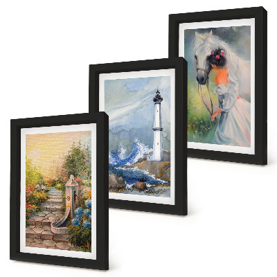Triptych v ráme Prírodné scenérie, maják a dievča s koňom