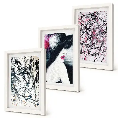 Abstraktné farebné vzory žena v klobúku triptych v ráme