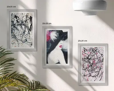 Abstraktné farebné vzory žena v klobúku triptych v ráme