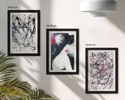 Abstraktné farebné vzory žena v klobúku triptych v ráme
