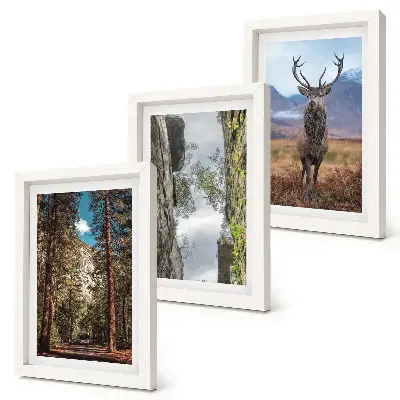 Triptych v ráme cesta v lese s horami a jeleňmi