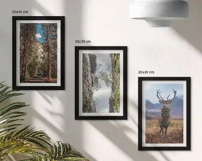 Triptych v ráme cesta v lese s horami a jeleňmi