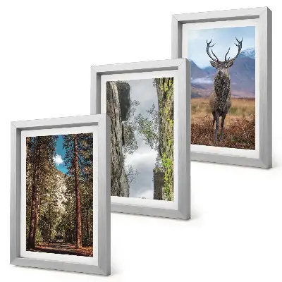 Triptych v ráme cesta v lese s horami a jeleňmi