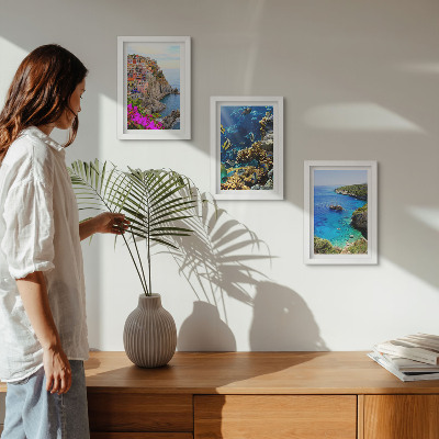 Triptych v ráme Výhľady na more s farebnými domami a koralovým útesom