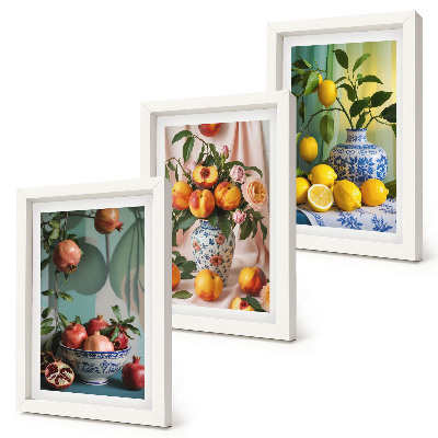 Triptych v ráme Granátové jablká, broskyne a citróny vo vázach