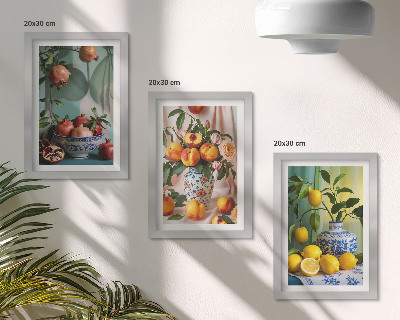 Triptych v ráme Granátové jablká, broskyne a citróny vo vázach