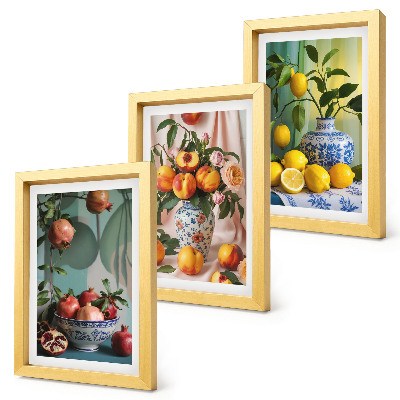Triptych v ráme Granátové jablká, broskyne a citróny vo vázach