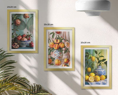Triptych v ráme Granátové jablká, broskyne a citróny vo vázach