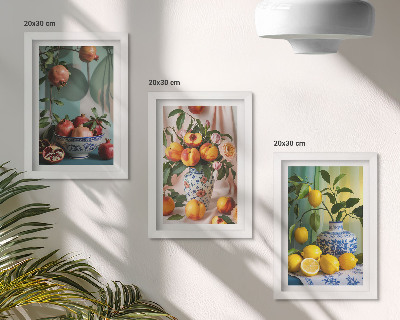 Triptych v ráme Granátové jablká, broskyne a citróny vo vázach
